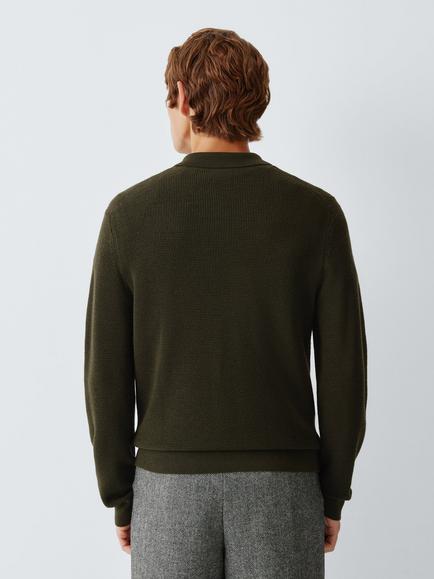 John Lewis Waffle Knit Merino Polo Jumper, Dark Green - view 2, Dark Green