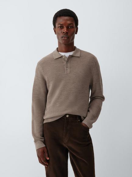 John Lewis Waffle Knit Merino Polo Jumper, Oatmeal, Oatmeal