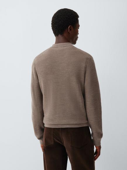John Lewis Waffle Knit Merino Polo Jumper, Oatmeal - view 2, Oatmeal
