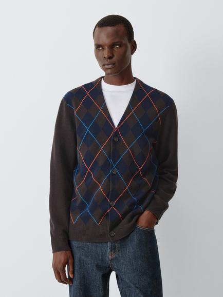 John Lewis Merino Wool with Cashmere Argyle Check V-Neck Cardigan, Brown, Brown