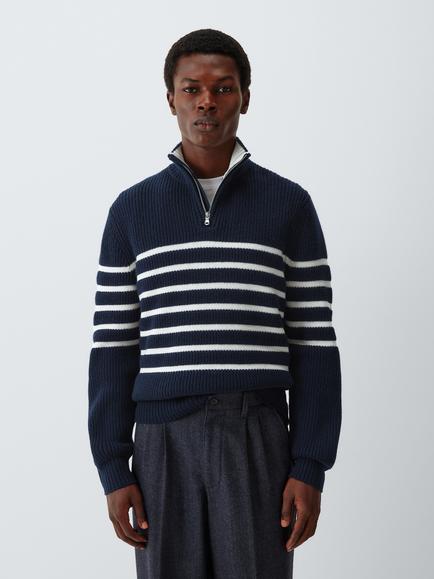 John Lewis Merino Wool with Cashmere Stripe Zip Neck Jumper, Navy Ecru, Navy Ecru