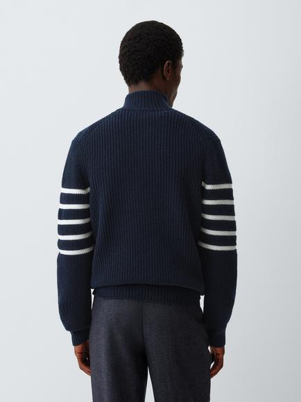 John Lewis Merino Wool with Cashmere Stripe Zip Neck Jumper, Navy Ecru - view 2, Navy Ecru