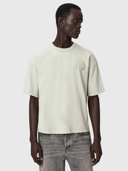 AllSaints Insignia Cotton Loose Fit Short Sleeve Embroidered T-Shirt, Sea Green