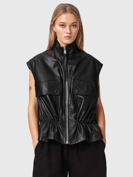AllSaints Flor Leather Gilet, Black, Black