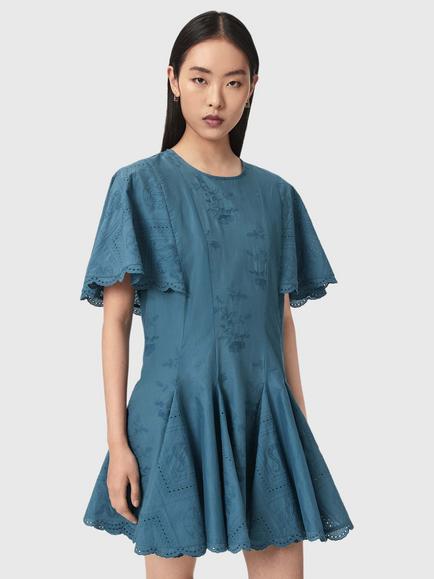 AllSaints Corla Floral Embroidered Dress, Blue, Blue