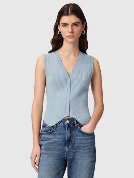 AllSaints Cruz Ribbed Waistcoat containing LENZING™ ECOVERO™ Viscose, Blue, Blue
