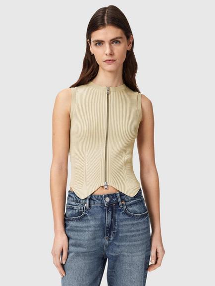 AllSaints Cruz Ribbed Zipped Waistcoat containing LENZING™ ECOVERO™ Viscose, Green
