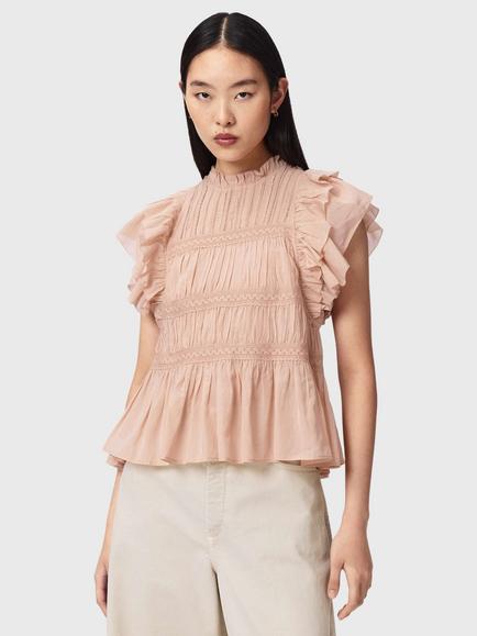 AllSaints Harriet Tiered Short Sleeve Top, Pink, Pink