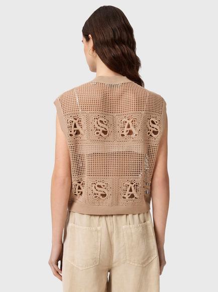 AllSaints Kyra Open Knit Waistcoat, Plaster Pink - view 2, Plaster Pink