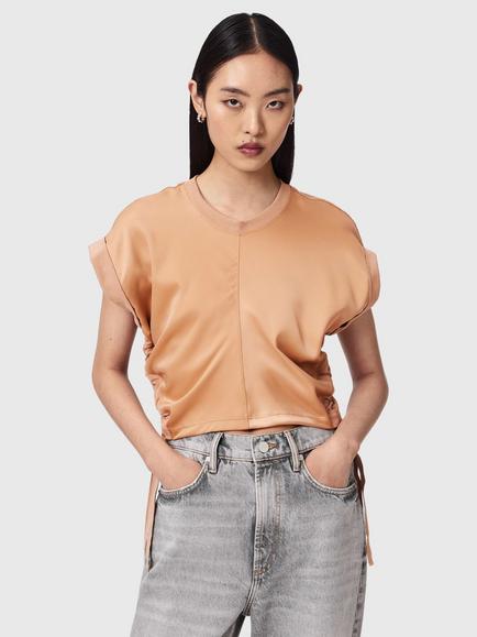 AllSaints Mira Drawstring Side Satin T-Shirt, Tuscan Pink