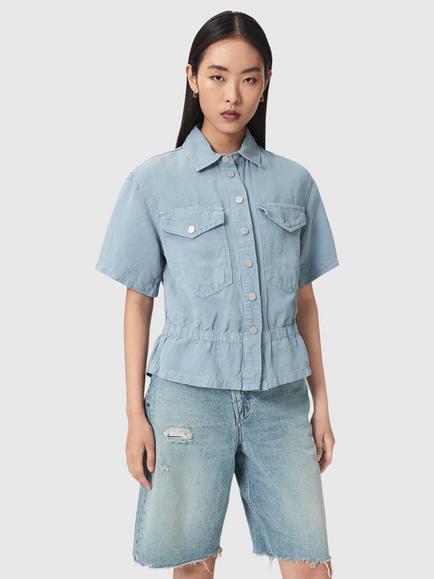 AllSaints Tove Linen Blend Short Sleeve Shirt containing TENCEL™ Lyocell, Light Blue