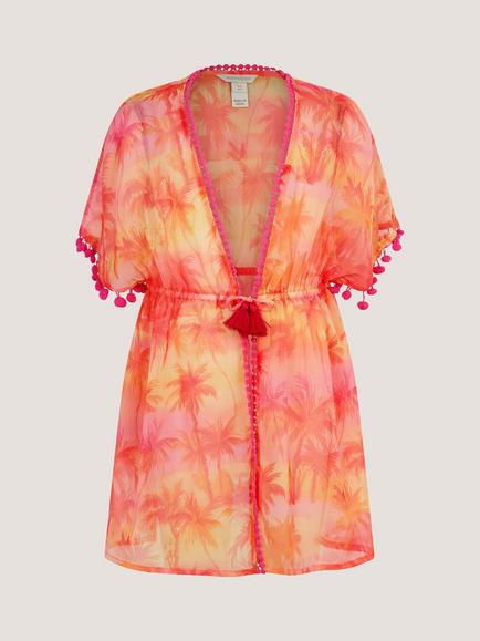 Monsoon Kids' Palm Print Pom Pom Kaftan, Orange, Orange