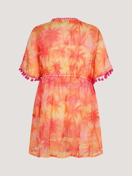 Monsoon Kids' Palm Print Pom Pom Kaftan, Orange - view 2, Orange