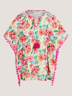 Monsoon Kids' Floral Print Pom Pom Kaftan, White, White