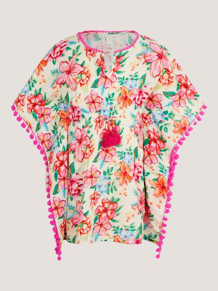 Monsoon Kids' Floral Print Pom Pom Kaftan, White, White