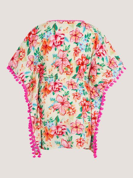 Monsoon Kids' Floral Print Pom Pom Kaftan, White - view 2, White