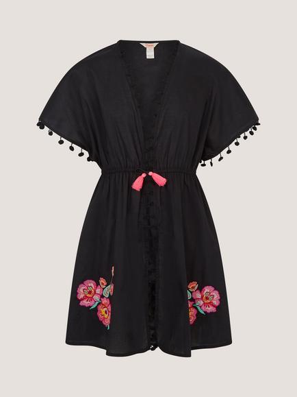 Monsoon Kids' Floral Embroidered Kaftan, Black, Black