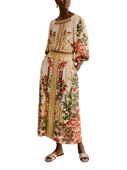 Raishma Crystal Floral Border Skirt, Cream - view 2, Cream