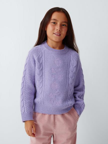 John Lewis Kids' Floral Cable Knit Jumper, Lilac, Lilac