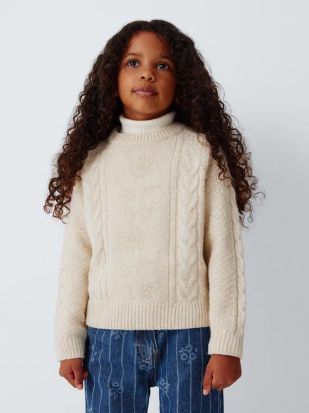 John Lewis Kids' Floral Cable Knit Jumper, Oatmeal, Oatmeal