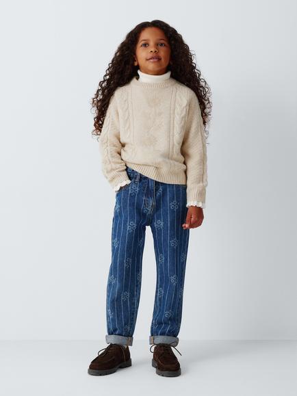 John Lewis Kids' Floral Cable Knit Jumper, Oatmeal - view 2, Oatmeal