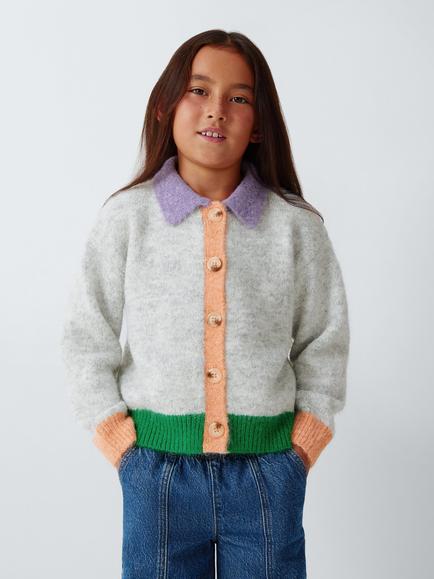 John Lewis Kids' Colourblock Collared Cardigan, Multi, Multi