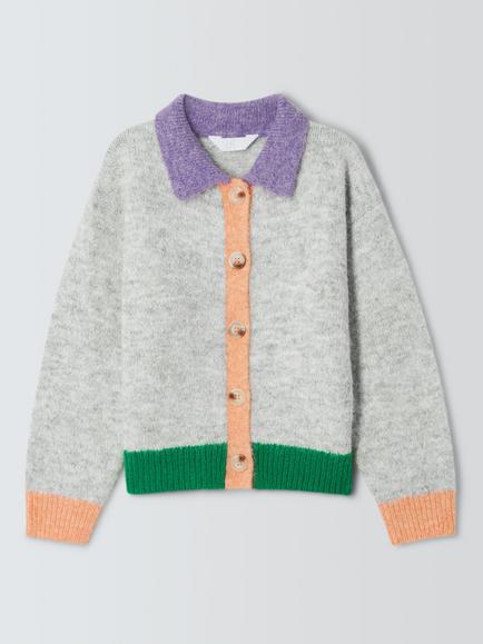 John Lewis Kids' Colourblock Collared Cardigan, Multi, Multi