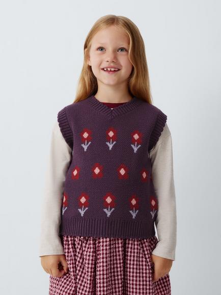 John Lewis Kids' Flower Knit Vest, Purple, Purple
