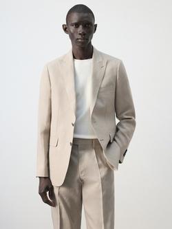 Mango Single Breasted Linen Blazer, Beige, Beige