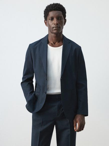 Mango Single Breasted Linen Blazer, Navy, Navy