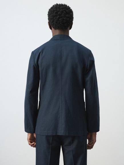 Mango Single Breasted Linen Blazer, Navy - view 2, Navy
