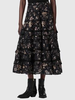 AllSaints Talia Floral Tiered Skirt, Black, Black
