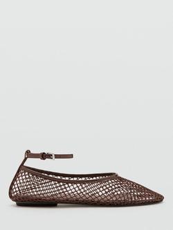 Mango Ankle Strap Mesh Ballerina Pumps, Chocolate