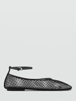 Mango Ankle Strap Mesh Ballerina Pumps, Black
