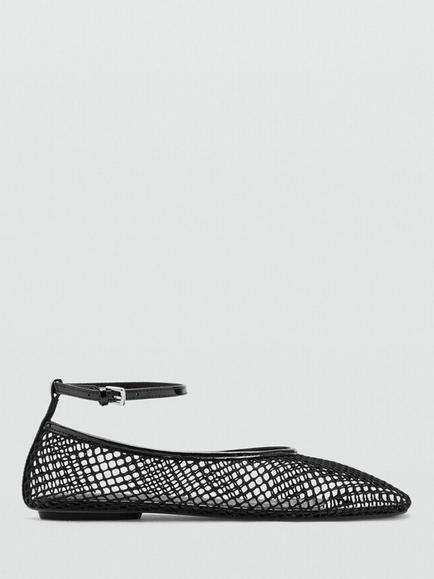 Mango Ankle Strap Mesh Ballerina Pumps, Black