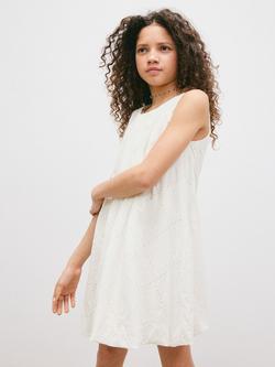 Mango Kids' Embroidered Cotton A-Line Balloon Dress, White, White