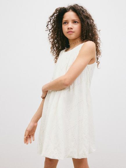 Mango Kids' Embroidered Cotton A-Line Balloon Dress, White, White