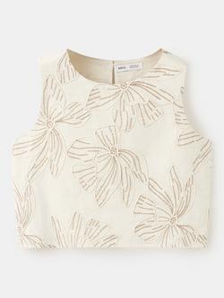 Mango Kids' Sleeveless Floral Embroidered Cotton Blouse, Beige, Beige