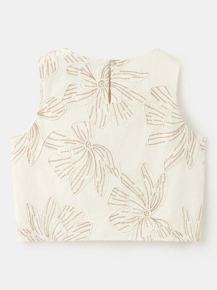 Mango Kids' Sleeveless Floral Embroidered Cotton Blouse, Beige - view 2, Beige