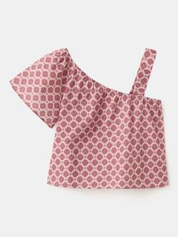 Mango Kids' Asymmetric Shoulder Floral Print Cotton Blouse, Red/Multi, Red/Multi