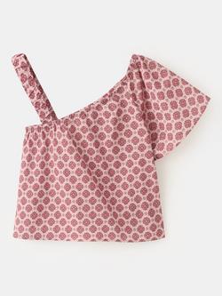 Mango Kids' Asymmetric Shoulder Floral Print Cotton Blouse, Red/Multi - view 2, Red/Multi