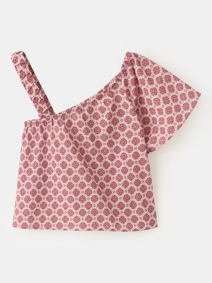 Mango Kids' Asymmetric Shoulder Floral Print Cotton Blouse, Red/Multi - view 2, Red/Multi