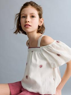 Mango Kids' Embroidered Off the Shoulder Cotton Blouse, White/Multi, White/Multi