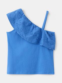 Mango Kids' Asymmetric Shoulder Embroidered Cotton Blouse, Electric Blue, Electric Blue