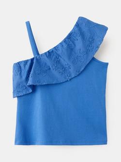 Mango Kids' Asymmetric Shoulder Embroidered Cotton Blouse, Electric Blue - view 2, Electric Blue
