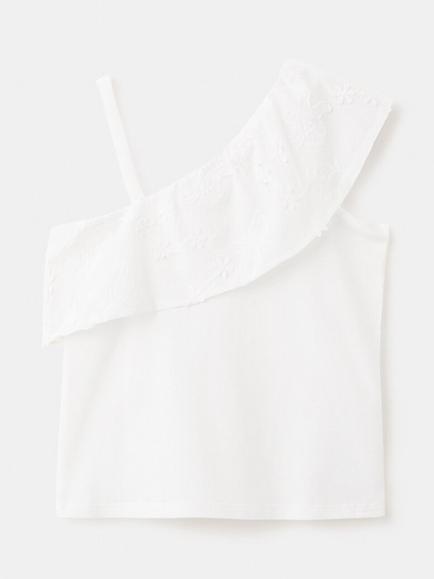 Mango Kids' Asymmetric Shoulder Embroidered Cotton Blouse, Off White - view 2, Off White