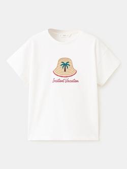 Mango Kids' Relaxed Embroidered Short Sleeve T-Shirt, Off White, Off White
