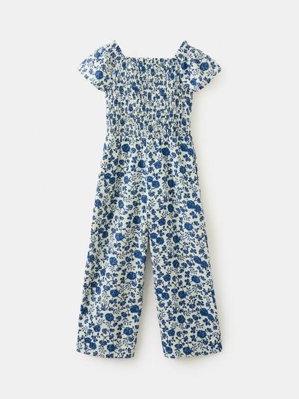 Mango Kids' Cotton Floral Wide Leg Jumpsuit, Aqua - view 2, Aqua
