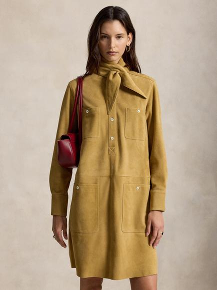 Polo Ralph Lauren Suede Tie Neck Midi Shirt Dress, Tan, Tan