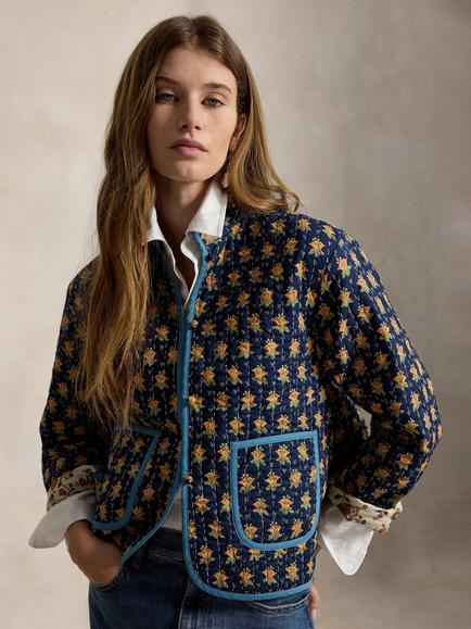 Polo Ralph Lauren Reversible Floral Print Mock Neck Lightweight Quilted Jacket, Navy/Multi, Navy Multi